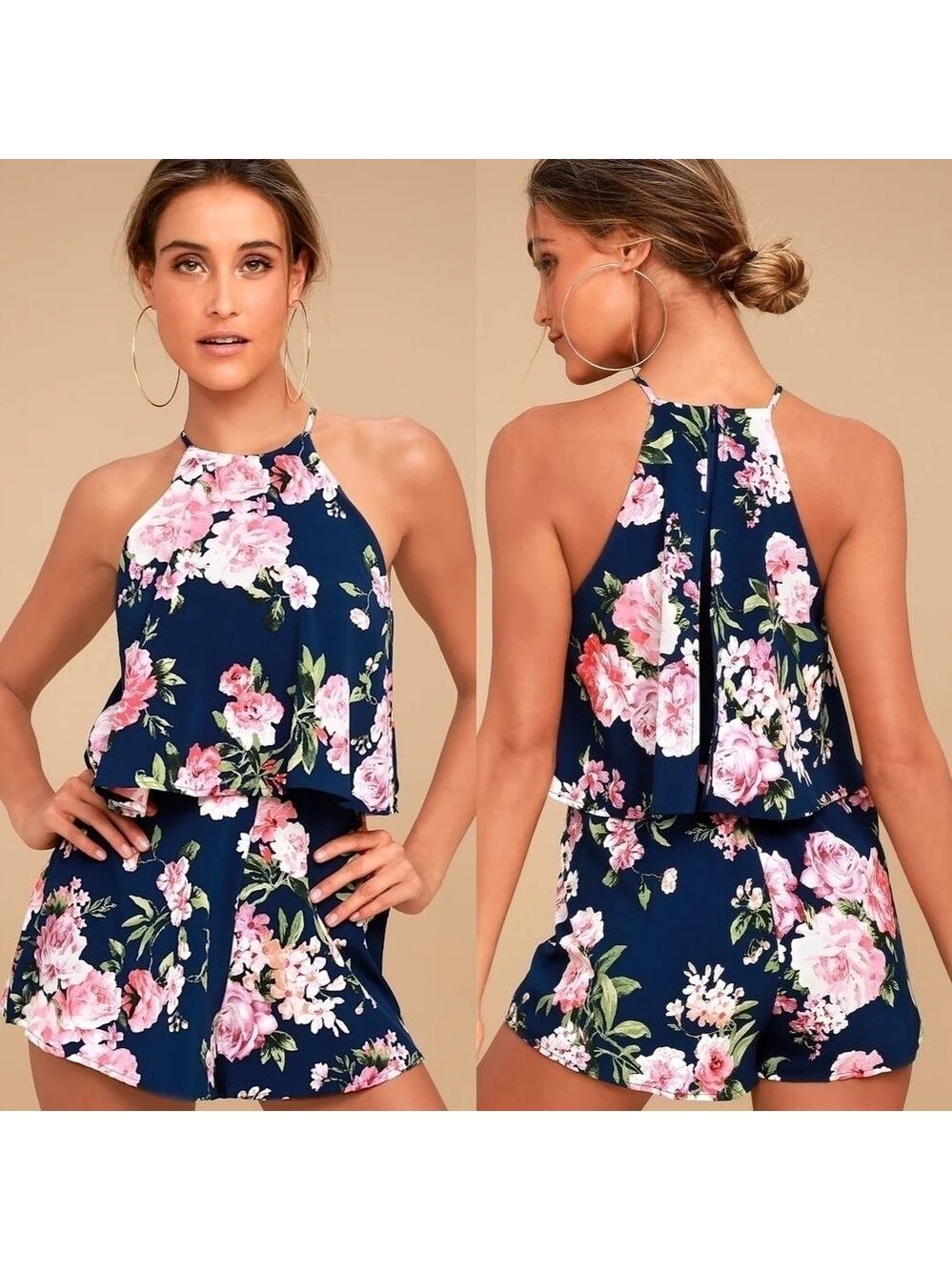 NWT Lulus In the Garden Navy Blue Floral Print Romper